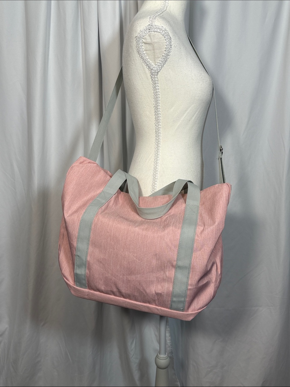 Everyday Travel Pink Canvas Tote with Gray Straps